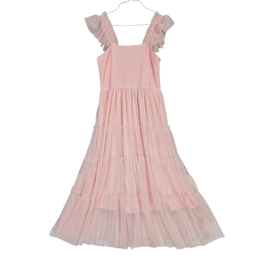 PrettyGarden Womens Pink Ruffle Strap Tiered Tulle Maxi Dress Size L Flowy